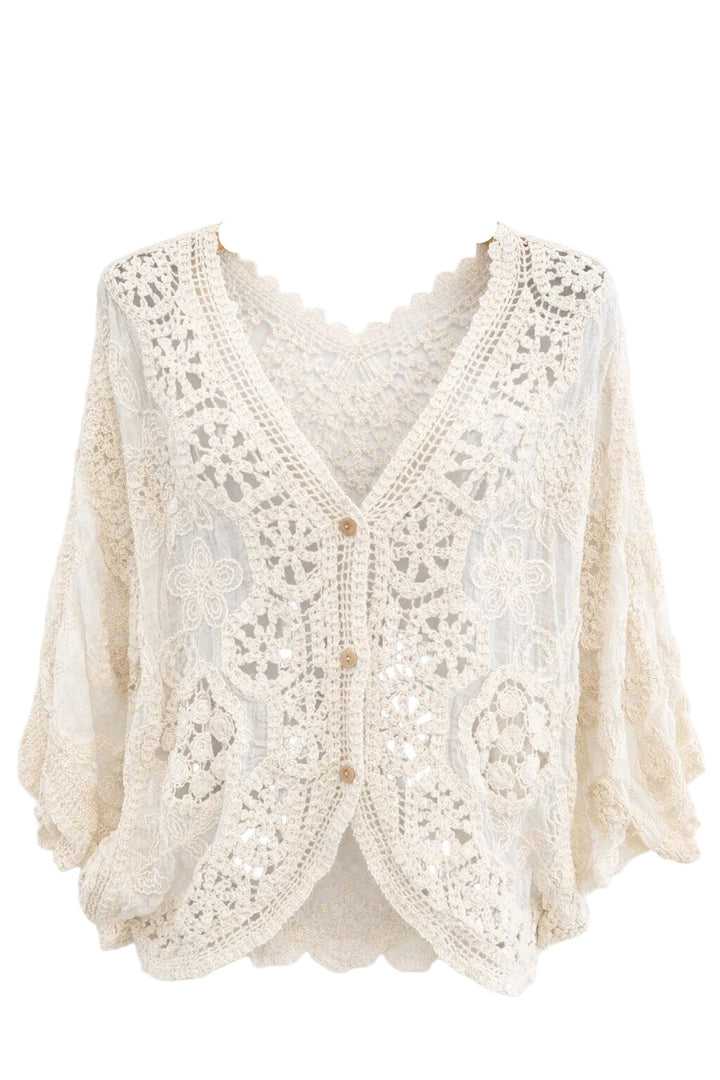 SELECTED BY KABARE - White Occasion  - Boho cardigan in crochet and lace - Ecru