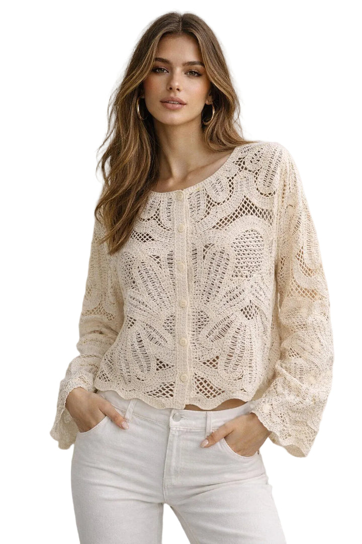 SELECTED BY KABARE - White Occasion  - Openwork Crochet Cardigan - Ecru