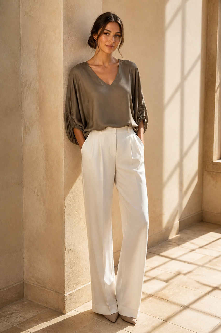 Honey & Haze - Jade Glossy V neck Blouse - Taupe