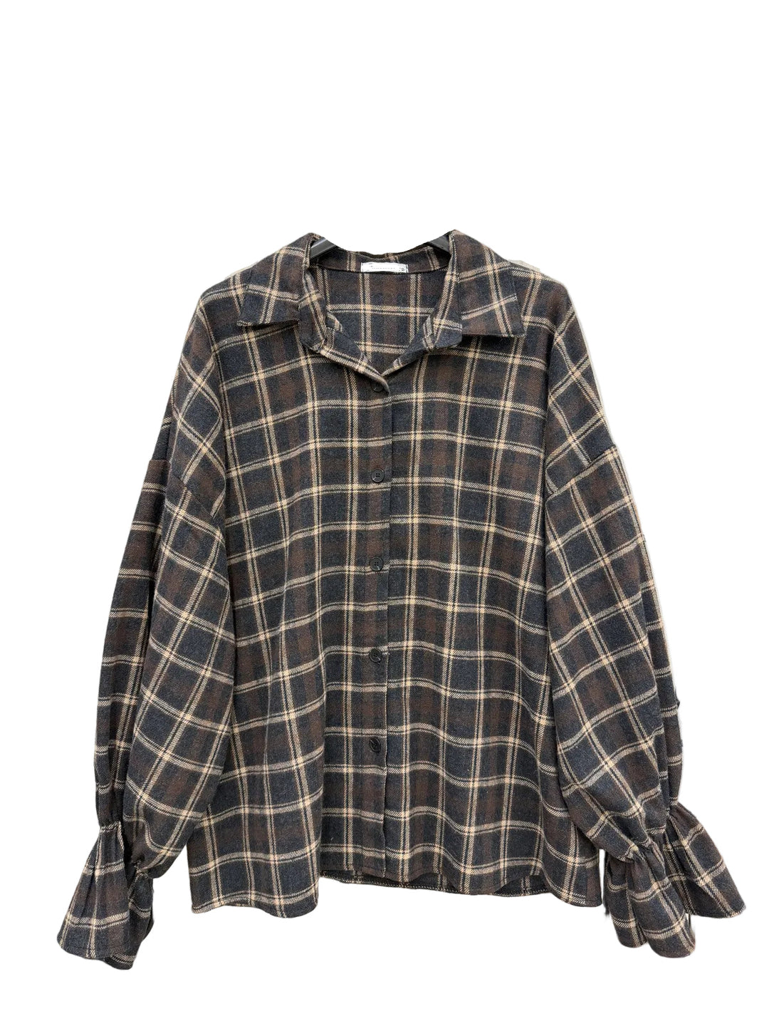 Charlie - Oversized Check Shirt w ruffled cuff - Brown