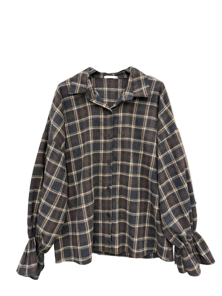 Charlie - Oversized Check Shirt w ruffled cuff - Brown