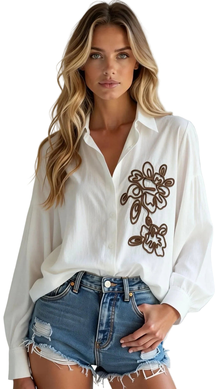 SELECTED BY KABARE - Manon - Skjorta med brody - Vit/Brun