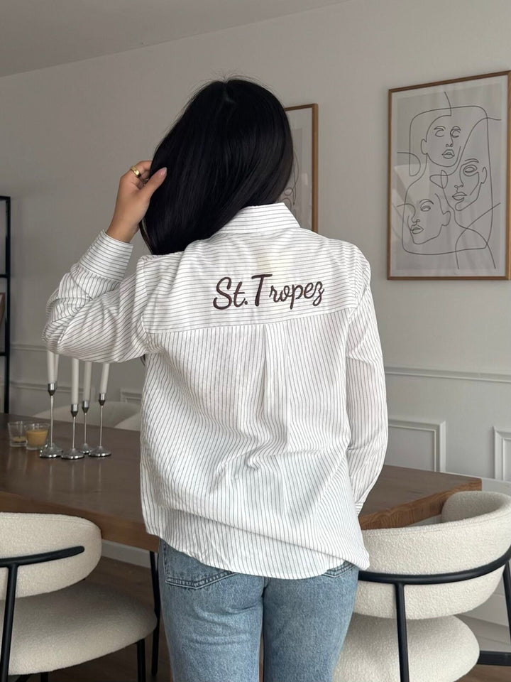 SELECTED BY KABARE - Tropez - Kritstrecks randig skjorta med brodyr - Vit