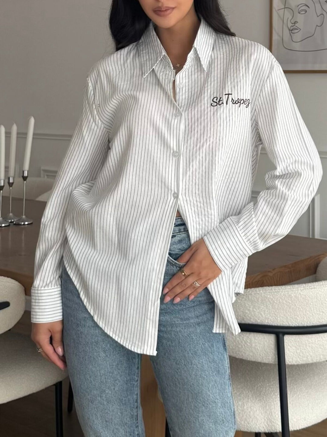 SELECTED BY KABARE - Tropez - Kritstrecks randig skjorta med brodyr - Vit