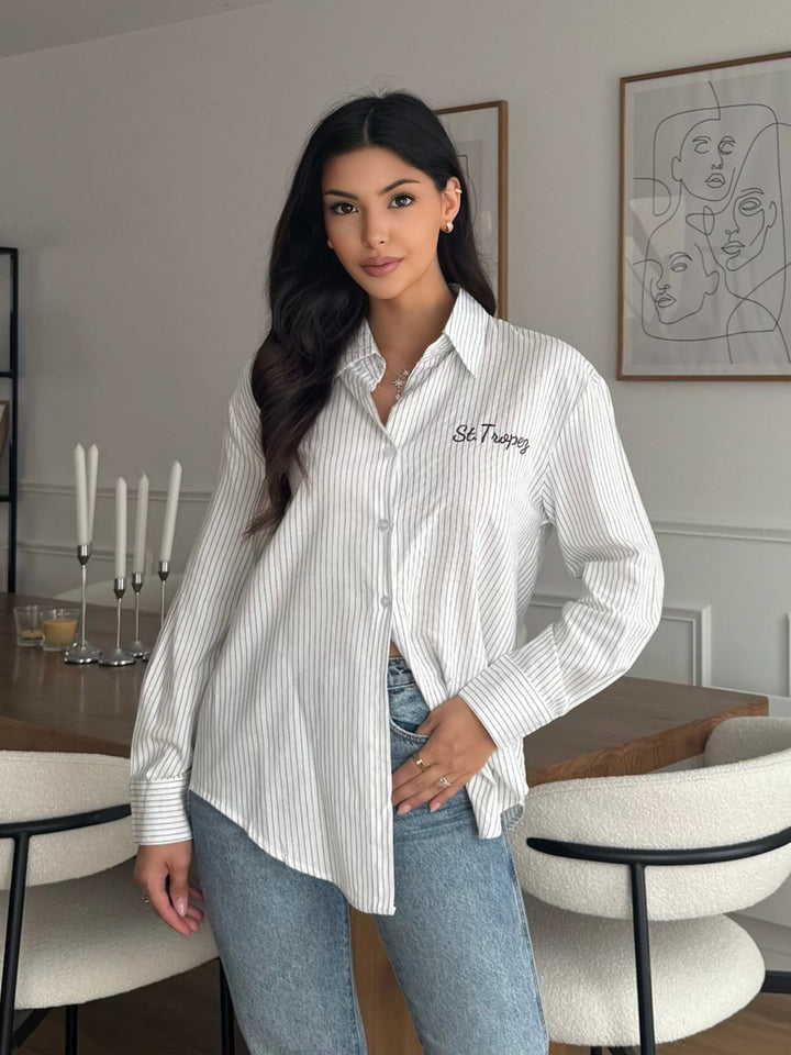 SELECTED BY KABARE - Tropez - Kritstrecks randig skjorta med brodyr - Vit