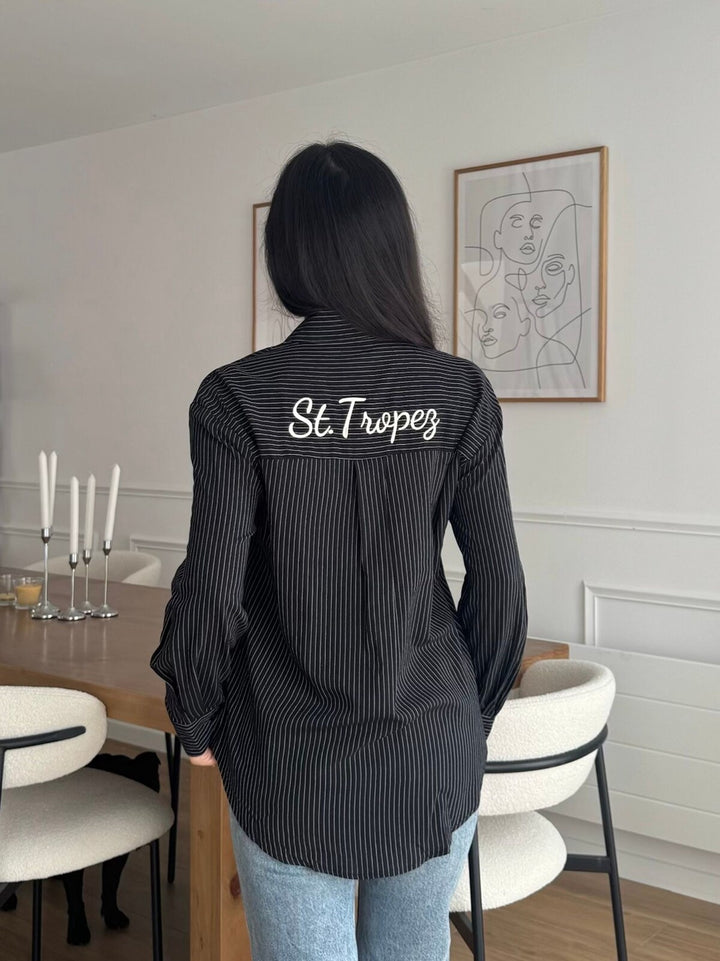 SELECTED BY KABARE - Tropez - Kritstrecks randig skjorta med brodyr - Svart