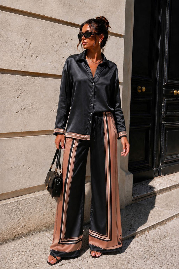 BRIDGET - Glossy Set w Shirt & Pants - Black