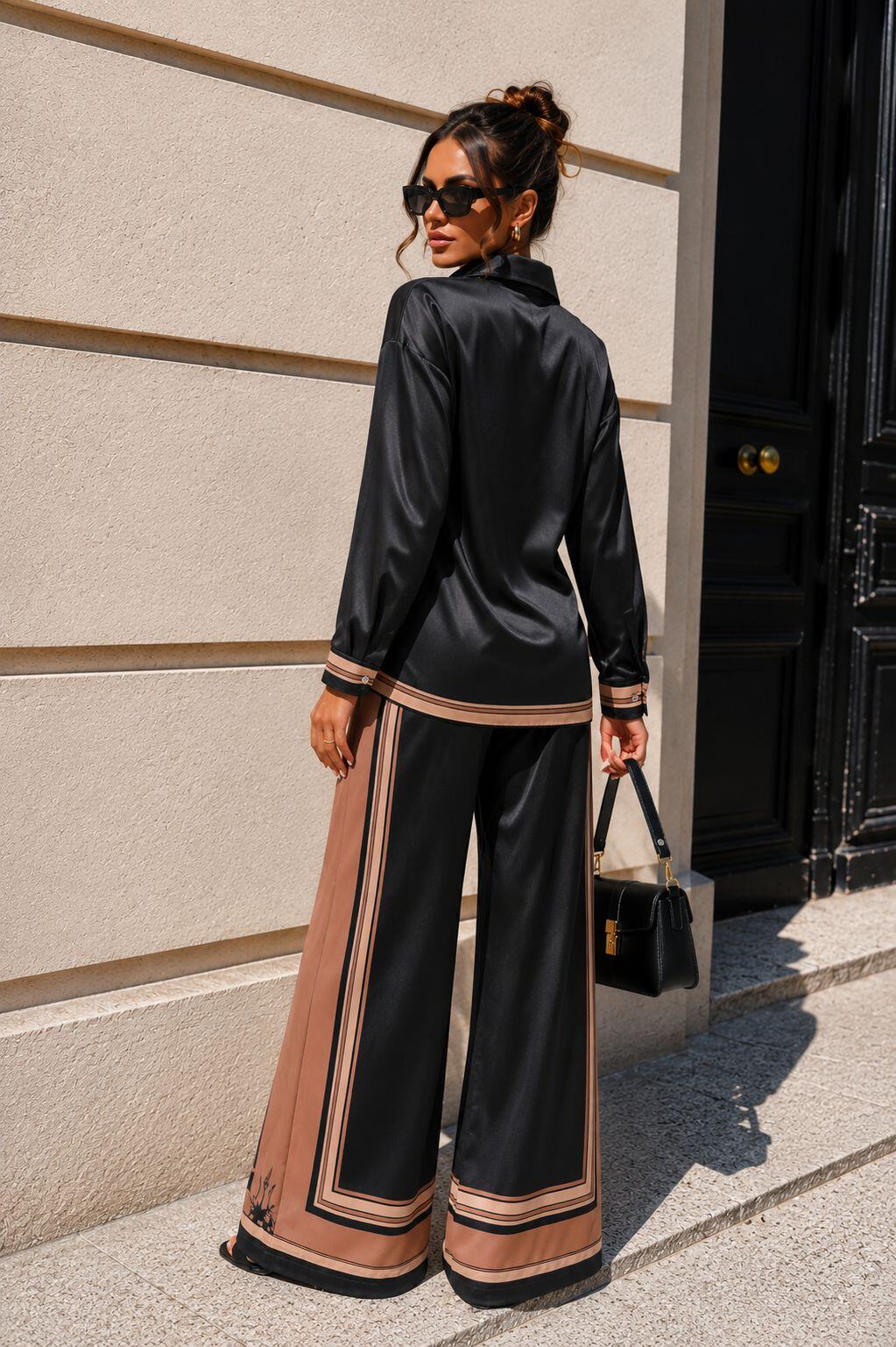BRIDGET - Glossy Set w Shirt & Pants - Black