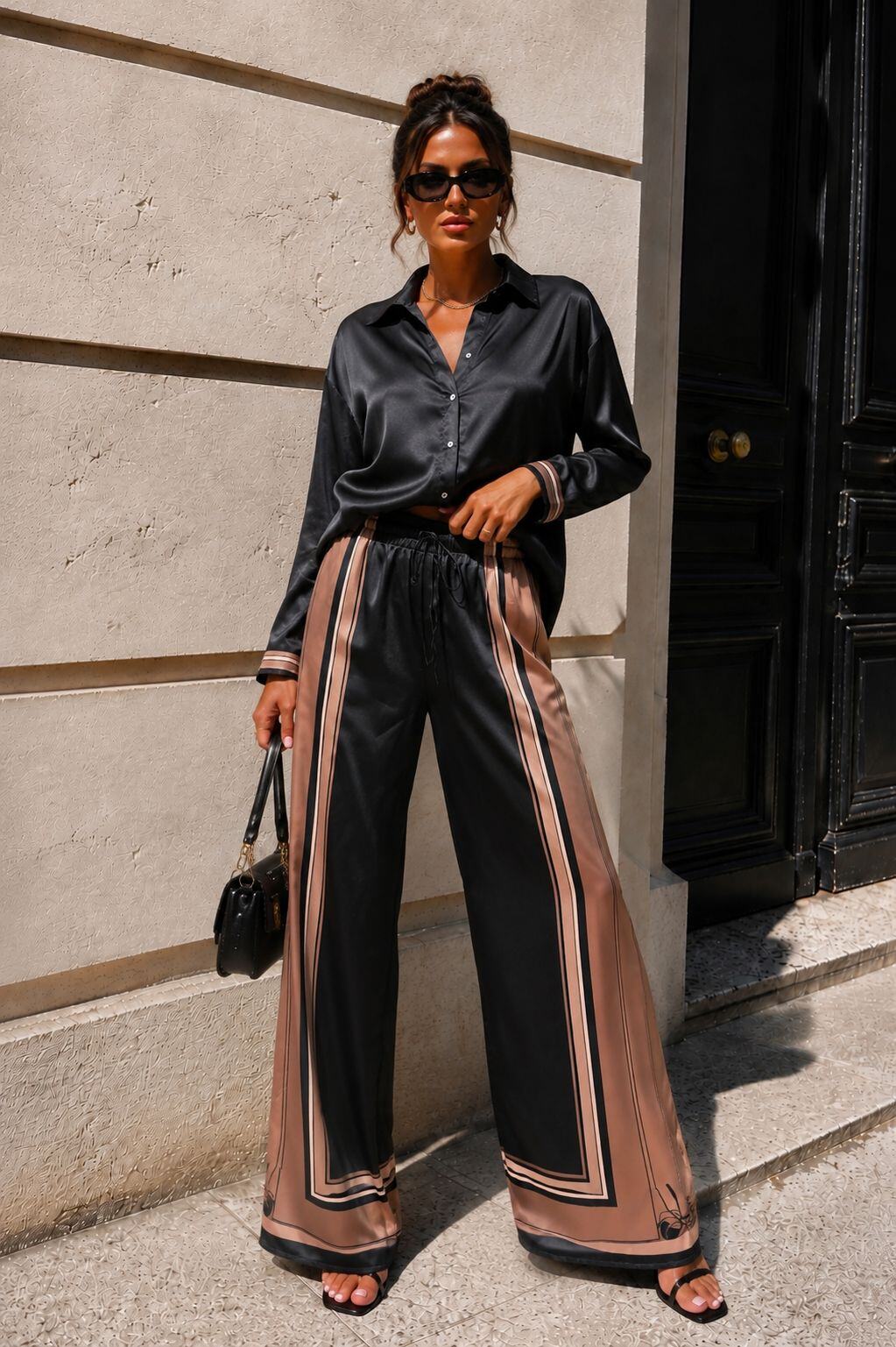 BRIDGET - Glossy Set w Shirt & Pants - Black