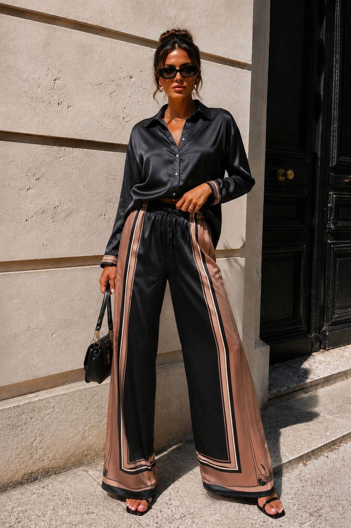 BRIDGET - Glossy Set w Shirt & Pants - Black