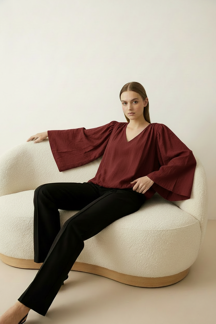 Honey & Haze - Kayla Cotton Balloon Blouse - Bordeaux