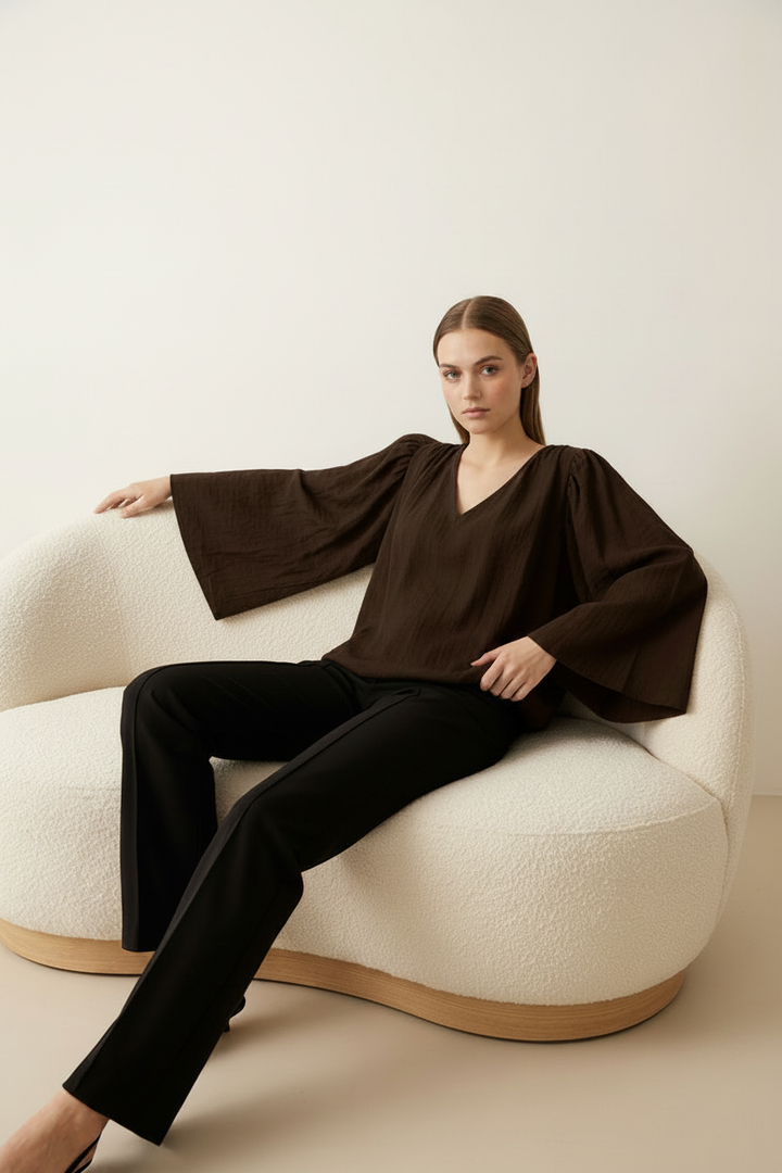 Honey & Haze - Kayla Cotton Balloon Blouse - Dark Brown
