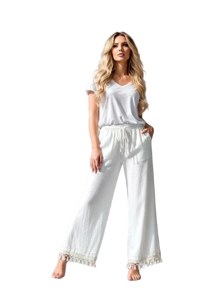 TOSCANA - Flowy Bohemian Pants - Vit/Creme