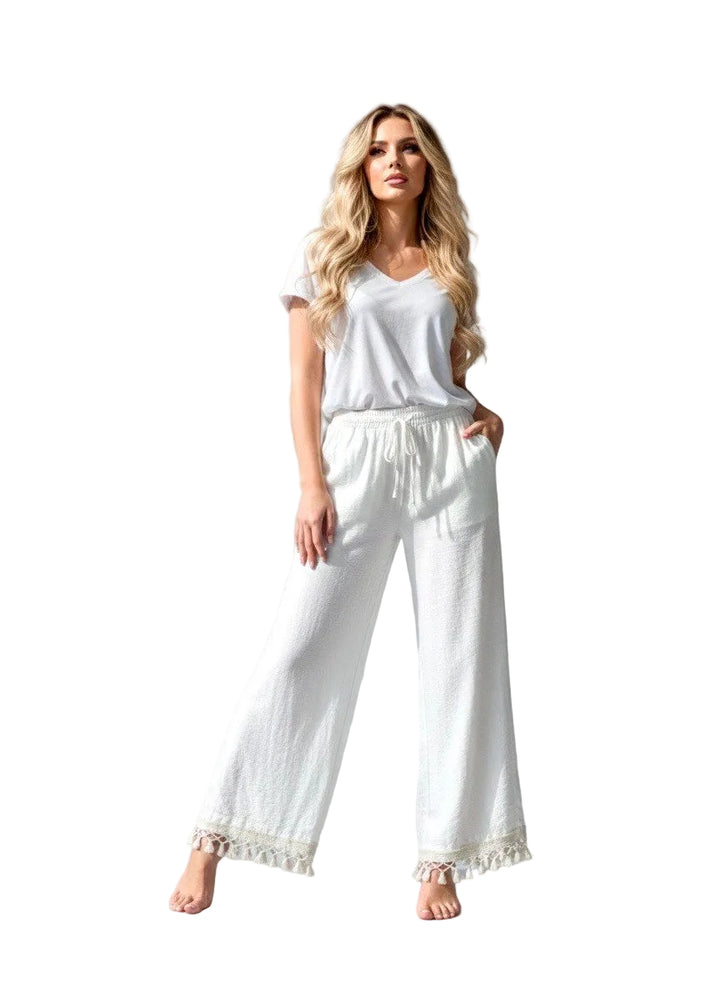 TOSCANA - Flowy Bohemian Pants - Vit/Creme