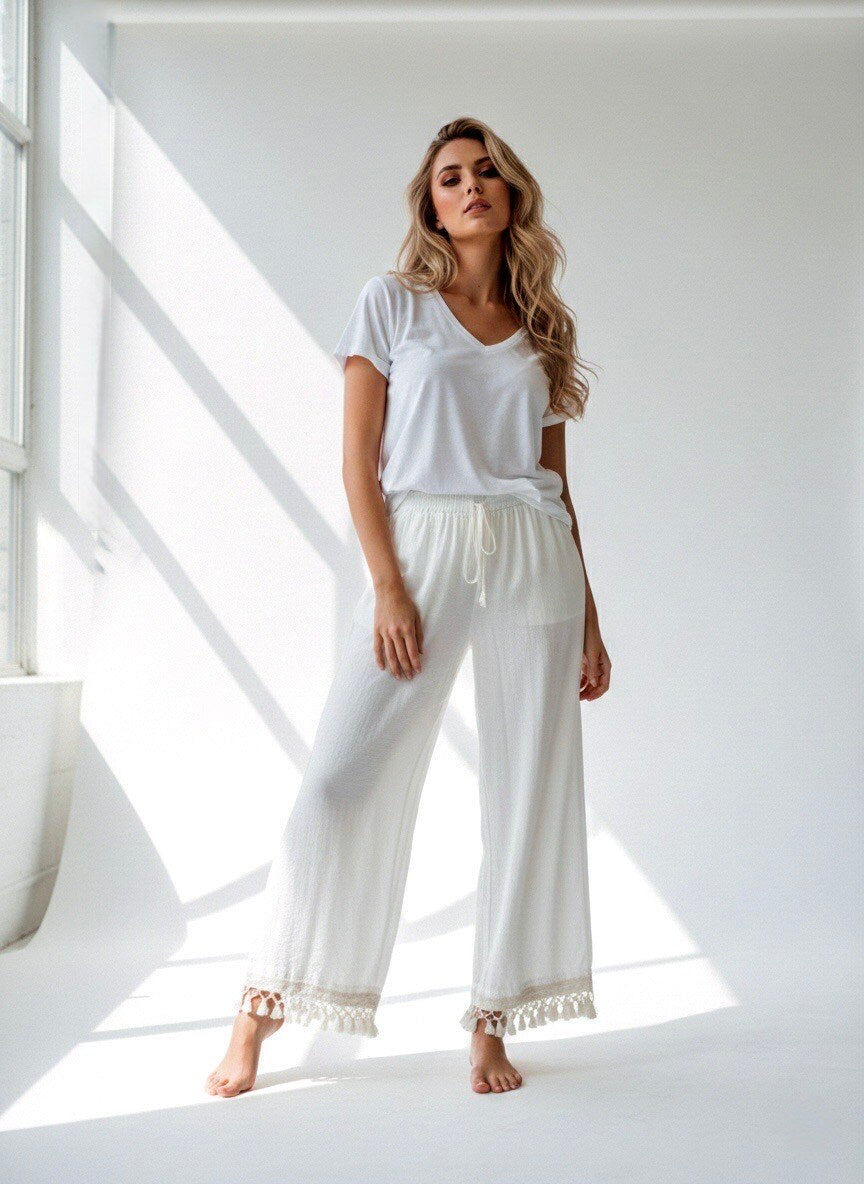 TOSCANA - Flowy Bohemian Pants - Vit/Creme