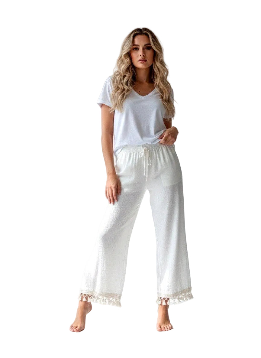 TOSCANA - Flowy Bohemian Pants - Vit/Creme