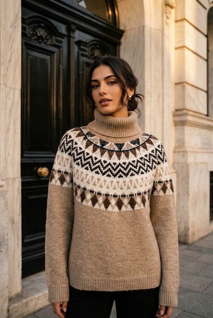 Luna - Jaquard turtleneck Jumper  - Beige