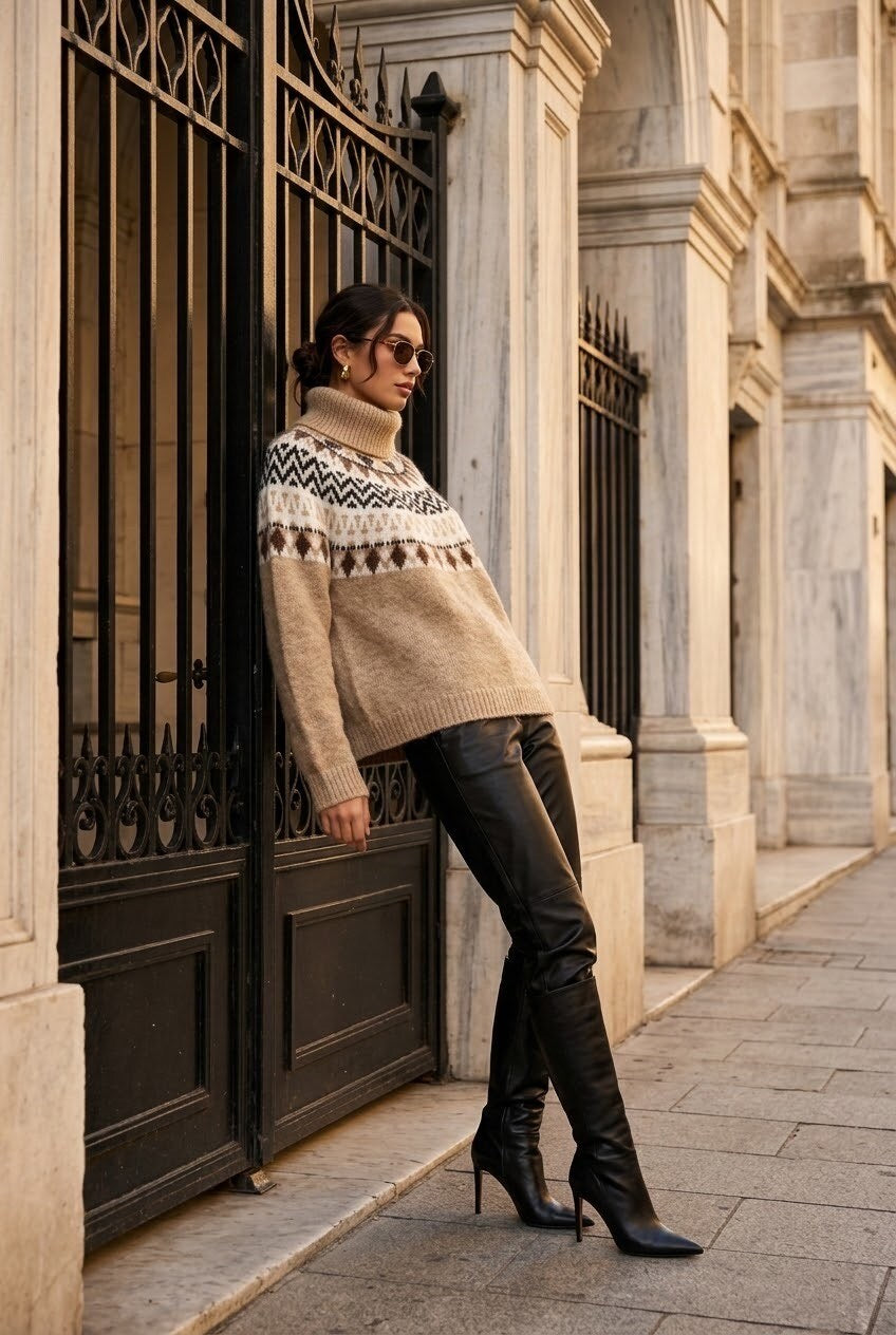 Luna - Jaquard turtleneck Jumper  - Beige