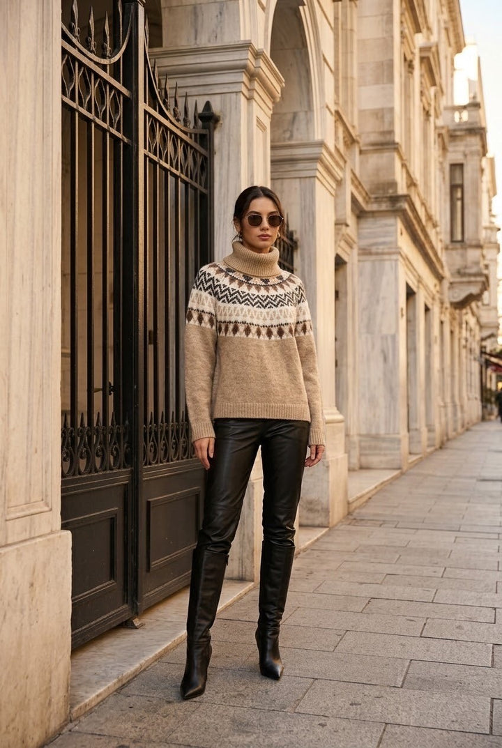 Luna - Jaquard turtleneck Jumper  - Beige