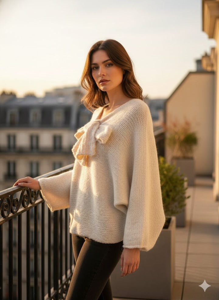 SELECTED BY KABARE - Bowie - Glesstickad tröja med rosett - Offwhite