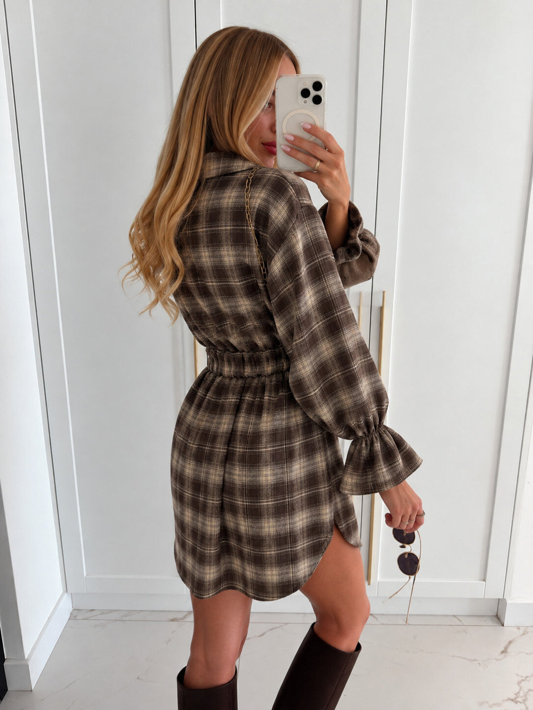 Penny - Plaid dress w belt - Brown