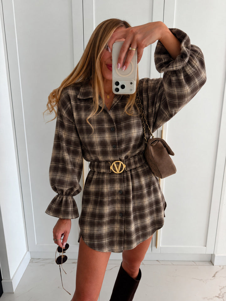 Penny - Plaid dress w belt - Brown
